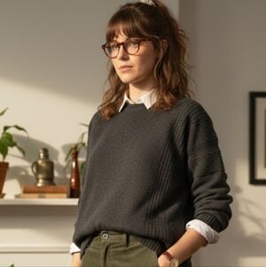 Vtg Oversized Academia Charcoal Ribbed Virgin Wool Blend Crew Neck Sweater